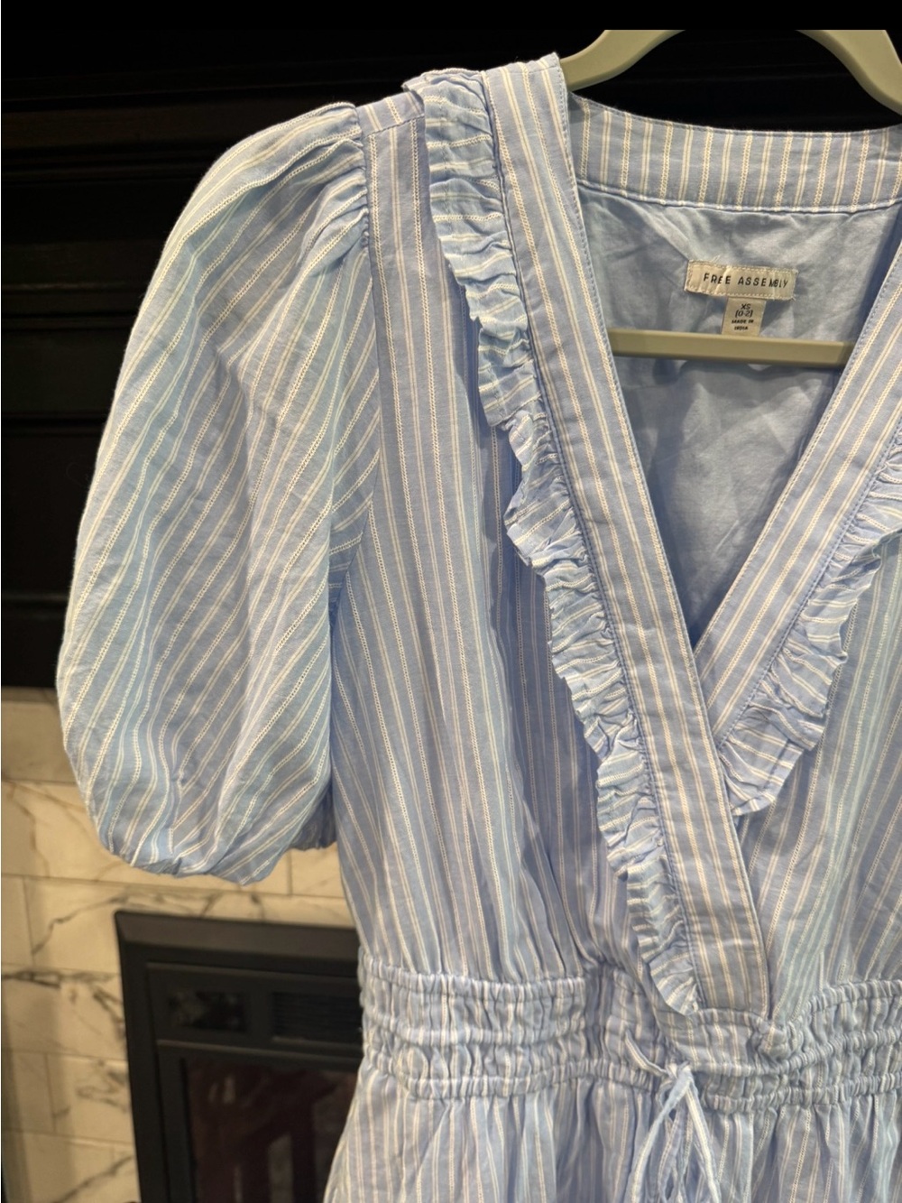 Adelyn Rae Light Blue & White Striped Ruffle Wrap Mini Dress - Picture 2 of 7